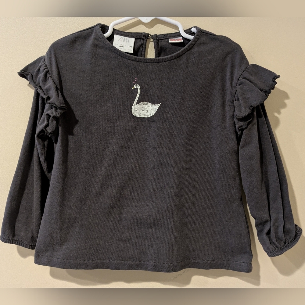 Zara Kids Charcoal Swan Long Sleeve Top ~ sz 3-4
